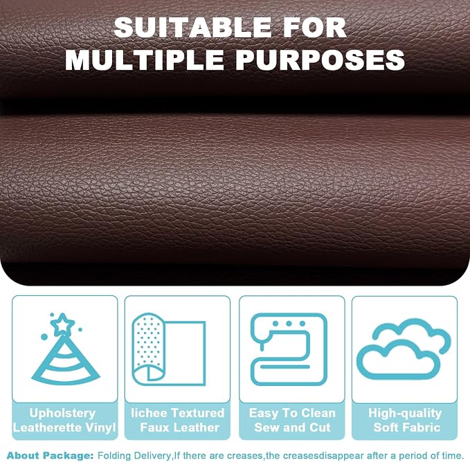 Brown Faux Leather Fabric, 78" x 55" Grained Lychee Vinyl Upholstery Material, Soft Synthetic Leather, for Upholstery Crafts, Furniture Sofa Reupholstery, Boat Seats, Car Interior and DIY Crafts