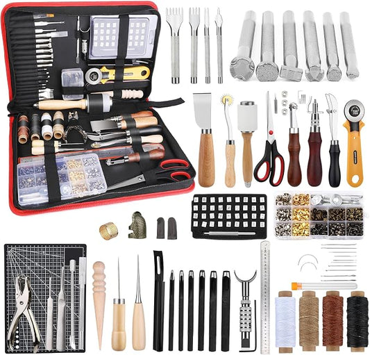 TLKKUE Leather Working Kit - Beginner's Leather Crafting Tool with Storage Bag, Leatherworking Tooling Kit for Sewing, Carving, Punching, Cutting, Stamping Tools