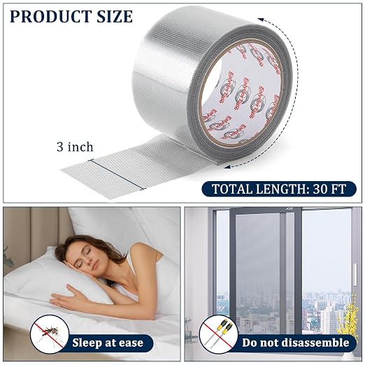 3″ X 30 FT Grey Window Screen Repair Tape, Strong Adhesive Fiberglass Mesh Patch for Window & Door Screen Tears