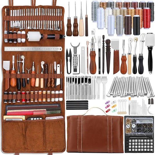 TLKKUE Leather Tooling Kit Leather Craft Tools Leatherworking Kit with Custom Handbag Cutting Mats Engraving Punching Sewing Stamping Sanding Tools for Handicraft Work Professional