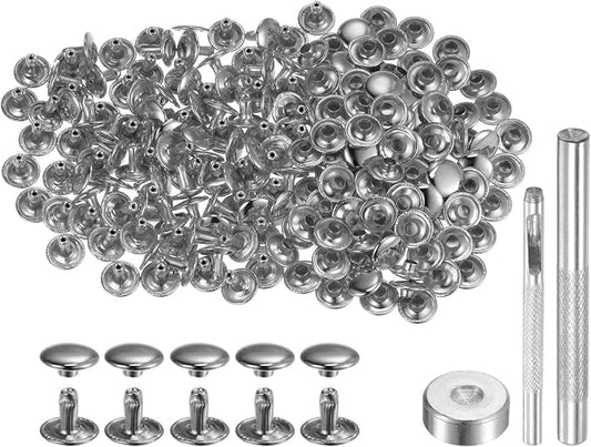 HARFINGTON 100 Sets Leather Rivets 8 x 10mm Metal Double Cap Rivet Snaps Studs Fasteners with 3pcs Setting Tools for Leather Craft DIY Repair Decoration, Silver Tone