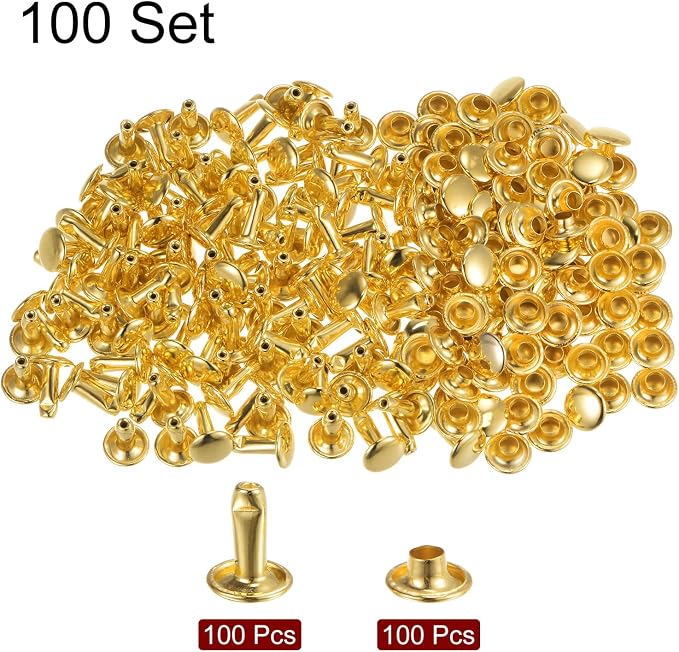 HARFINGTON 100 Sets Leather Rivets 10 x 8mm Metal Double Cap Rivet Snaps Studs Fasteners with 3pcs Setting Tools Rivets for Leather Craft DIY Repair Decoration, Gold Tone