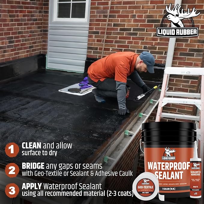Liquid Rubber Waterproof Sealant – DIY Leak Repair Coating for Flat, Metal & Low Slope Roofs, Foundations, Gutters & More – Flexible Protective Membrane - Black - 1 Gallon
