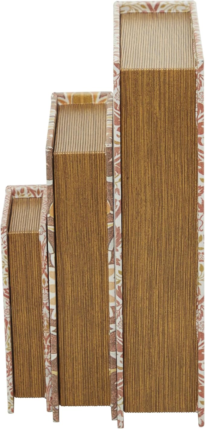 Deco 79 Faux Leather Decorative Box Faux Storage Book Book Shaped Boxes with Cream Floral Patterns, Set of 3 Decorative Keepsake Boxes 12", 9", 6"H, Orange