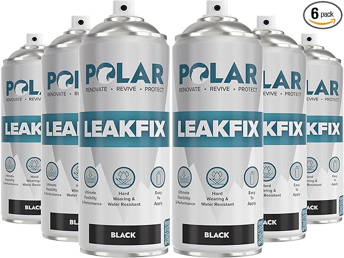 Polar Black Leak Fix Spray - 6 x 13.5fl. oz - Waterproof Roof Sealant - Instantly Seals Leaks and Cracks, for Lasting Protection on Roofs, Drainpipes & Gutter Repairs- for Interior and Exterior Use