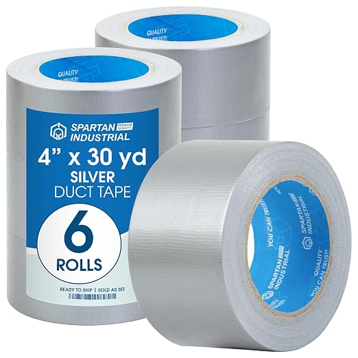 Spartan Industrial - 4" X 30 yd Silver Water-Resistant Tape - 6 Wide Duct Tape Rolls for Indoor and Outdoor Use - No Residue, 9 Mil