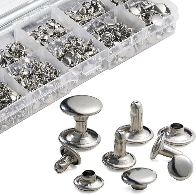 YORANYO 340 Sets Leather Rivets Kit Mixed Sizes Rivets for Leather Double Cap Rivets Studs for Clothing Fabric with Leather Crafting Rivet Tool for Repair Decorate Clothes Shoes Bags Belts (Silver)