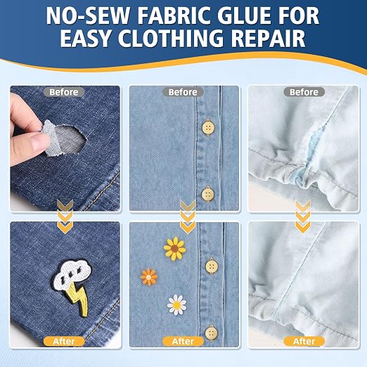 Fabric Glue Permanent, Washable Clothing Glue for All Fabrics, Waterproof Adhesive for Leather, Denim, Cotton, Polyester, Ideal for Patches, Repairs & Crafts (60ml)