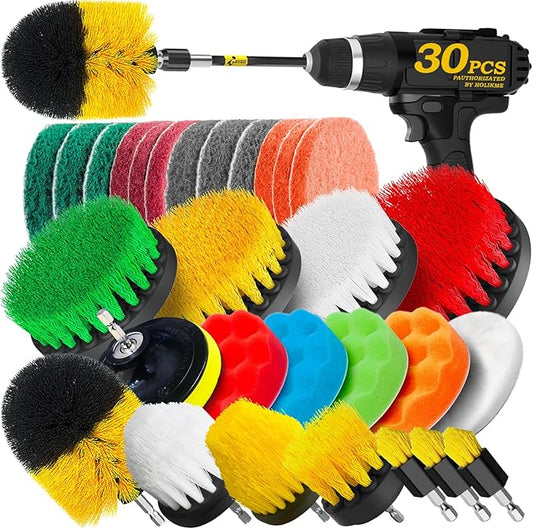 Holikme 30Pack Drill Brush Attachments Set,Scrub Pads & Sponge, Power Scrubber Brush with Extend Long Attachment All Purpose Clean for Grout, Tiles, Sinks, Car Polishing Pads,Bristle Discs