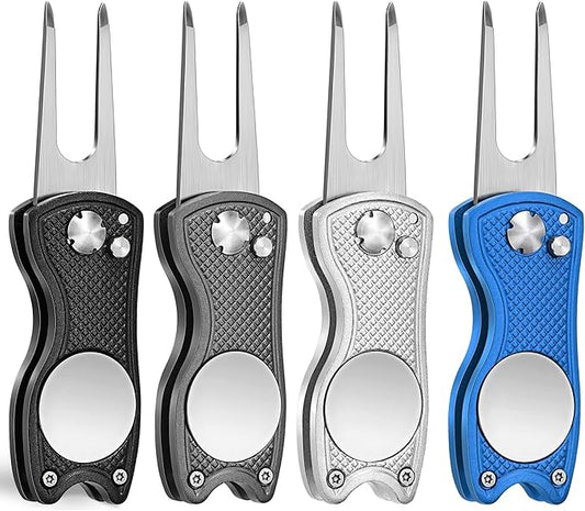 Mile High Life Golf Divot Repair Tool, All Metal Foldable Divot Tool with Pop-up Button & Magnetic Ball Marker, 2-6 Pack