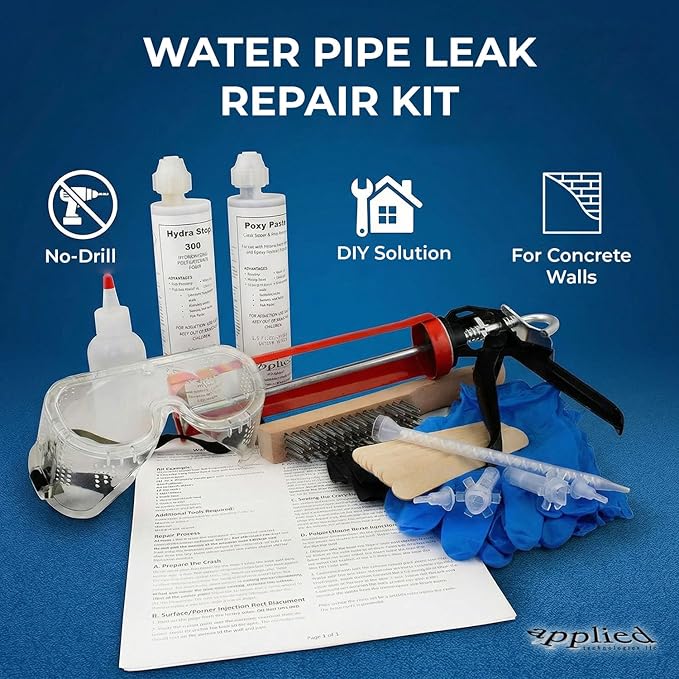 Water Pipe & Foundation Leak Repair Kit, Expanding Waterproof Sealant Foam for Pipe Penetrations Up to 1" Diameter, Basement Waterproofing & Concrete Wall Waterline Leak Sealer, No-Drill DIY Solution