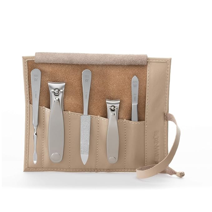 GERMANIKURE 5pc Manicure Set in Beige Leather Case - Made in Solingen Germany, FINOX Stainless Steel Tools – Professional Quality Compact Nail Grooming Kit