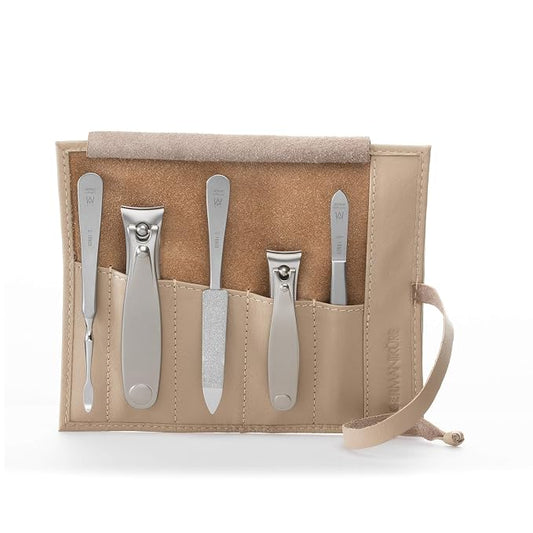 GERMANIKURE 5pc Manicure Set in Beige Leather Case - Made in Solingen Germany, FINOX Stainless Steel Tools – Professional Quality Compact Nail Grooming Kit