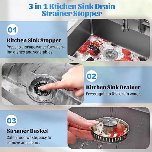 NinjaTiger Kitchen Sink Drain Strainer - 3-in-1 Stainless Steel Pop Up Sink Stopper Anti-Clogging Sink Strainer Basket Sink Drainer Filter Plug for US Standard 3-1/2'' Sink Drain | Gunmetal Gray
