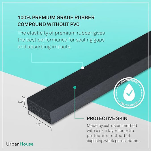 Neoprene Waterproof Rubber Foam 1/2” (w) x 1/4” (h) x 24 feet Long Weather Stripping Door Seal Insulation Shock-Absorbing 3M Self-Adhesive Tape for Door Frames, Windows – Black, 1 Continuous Roll