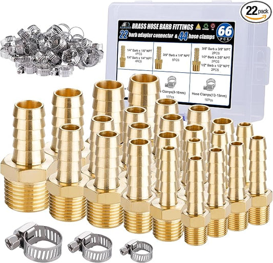 22Pcs Brass Hose Fittings, 3/8" Barb to 1/4" NPT, 1/4" Barb to 1/4" NPT Male, 1/8" 1/4" 3/8" 1/2" Barbed Air Hose Kit with 44Pcs Pipe Hose Clamps