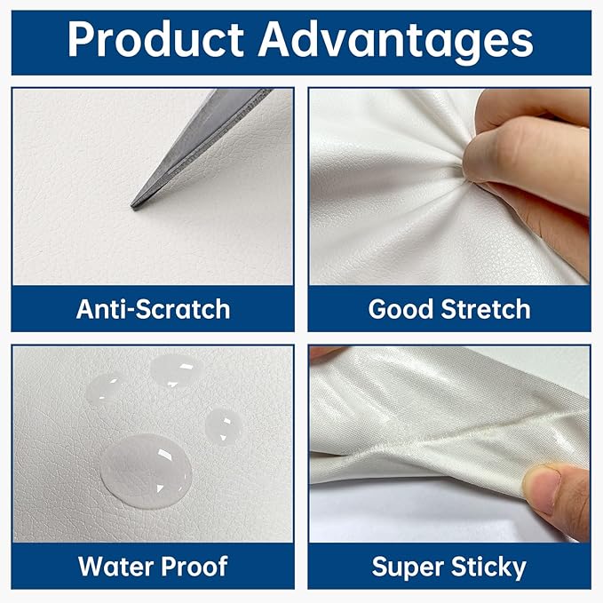 Lifeshoon Leather Repair Patch, 17X158 Inch Self Adhesive Leather Repair, Large Vinyl Patch Tape for Couches, Furniture, Car Seats, Cabinets, Wall, Handbags （17X158 Inch, White）