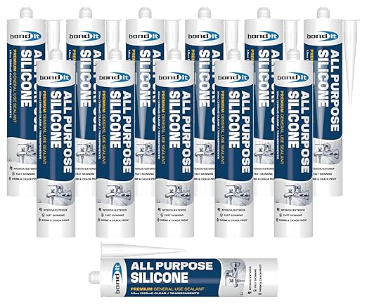 Bond It All Purpose Silicone, Premium General Use Acetoxy Sealant, Waterproof Flexible Silicone for Bathroom, Kitchen, Windows, Doors, Showers, Indoor, Outdoor Sealing, 10 oz, Pack of 12, Gutter Gray