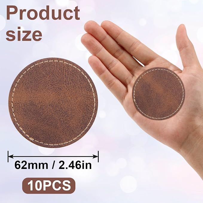 SmallCat 10 PCS Round Leather Patches for Hats, Iron on Blank Patches, Artificial Leather Patches for Laser Engraving, Repair Patches for Sewing Crafts for Hats, Jackets, Backpack, Jeans - Brown