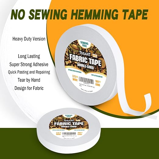 Fabric Tape M15 - Sticky Double-Sided Tape Strong Adhesive Cloth Leather Tape Press-on Tape, No Sewing or Ironing, Gluing, Alterations and Hemming- 2/5inch Wide 180FT Long