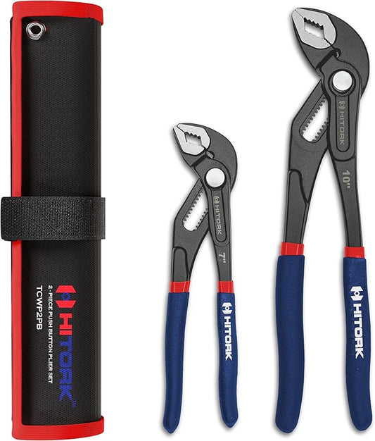 HITORK 2 Piece Groove Joint Pliers Set, 7" & 10" Quick Release Adjustable Water Pump Pliers, CR-V, Hardened Steel V Jaw Grip, Non-Slip Dual Dip Handles for Plumbing, Automotive & Industrial Repair