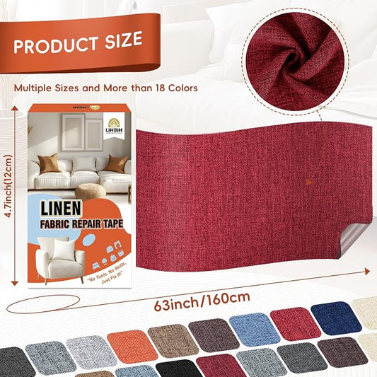 Linen Fabric Repair Tape 4.7x63 Inch, Self Adhesive Couch Patch Repair Fabric Tape for Furniture, Linen Patch Kit for Couch, Carpet, Upholstery, Chair, Sofa, Cushion, Bag (Dark Red)