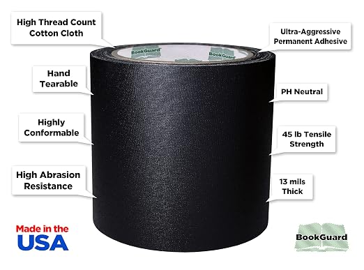 BookGuard 4 inch Premium Bookbinding Repair Cloth Tape, 15 Yard Roll, Black