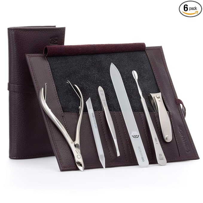 GERMANIKURE 6pc Manicure Set in Dark Purple Leather Case - FINOX Stainless Steel Tools Made in Germany, Glass Nail Care Supplies Made in Czech Republic – Professional Cuticle and Nail Care Kit