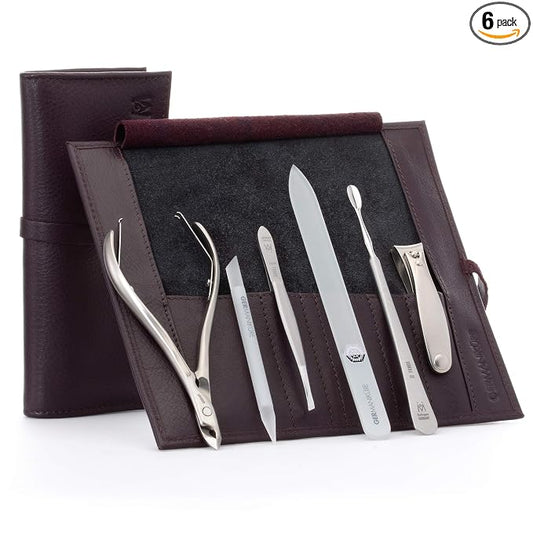 GERMANIKURE 6pc Manicure Set in Dark Purple Leather Case - FINOX Stainless Steel Tools Made in Germany, Glass Nail Care Supplies Made in Czech Republic – Professional Cuticle and Nail Care Kit