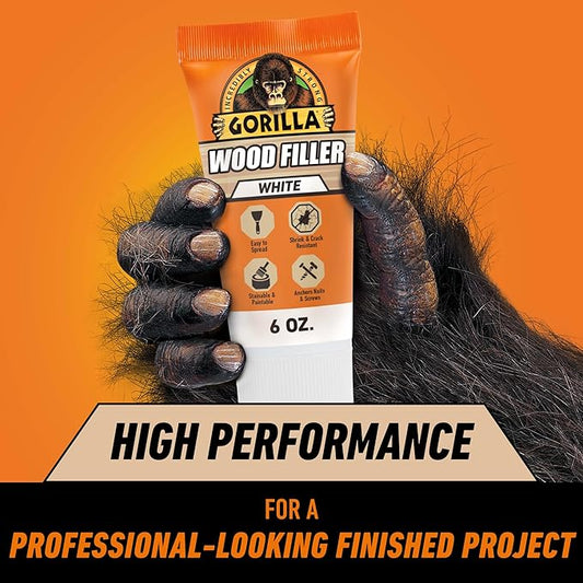 Gorilla All Purpose Wood Filler, White, Wood Filler, 6 Ounce Tube (Pack of 1) - Water Resistant for Indoor or Outdoor Projects and Repairs