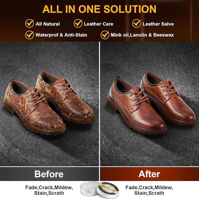 4-in-1Mink Oil Leather Conditioner and Cleaner, 3.52 oz Premium Waterproof Paste for Boots and Shoes, Leather Care Kit With Horsehair Brush, Sponge & Microfiber Cloth, Restore for Jackets Saddles Bags