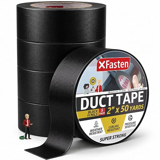 XFasten Black Duct Tape Heavy Duty Waterprooof Super Strong 2” x 50 Yards (5-Pack, 750ft Total) 11mils Extra Thick and Waterproof Heavy Duty Duct Tape Black Color for HVAC and Outdoor Use