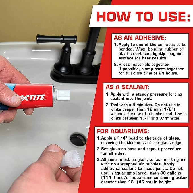 Loctite Silicone Sealant, Clear, 2.7 fl oz Tube, 1 Pack - 100% Waterproof Sealant for Glass, Ceramic, Wood, Plastic & More