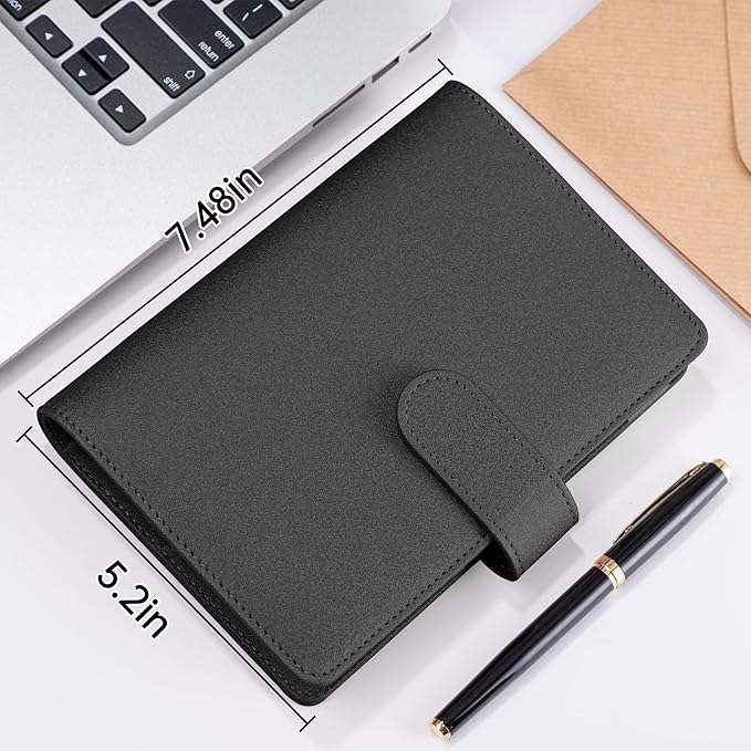 Antner A6 Notebook Binder Refillable 6 Ring Budget Binder Cover for A6 Refill Paper, PU Leather Budget Planner Organizer with Magnetic Buckle, Loose Leaf Personal Planner, Glitter Black