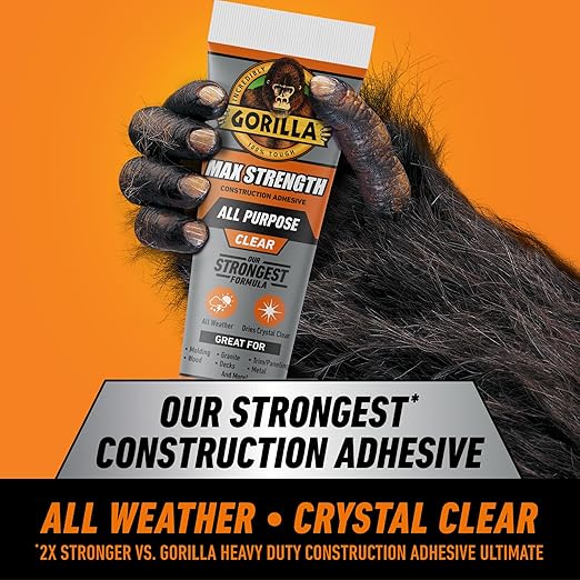 Gorilla Max Strength Construction Adhesive; Clear Glue; 7 Ounce Squeeze Tube (Pack of 1) - Gap Filling and Waterproof