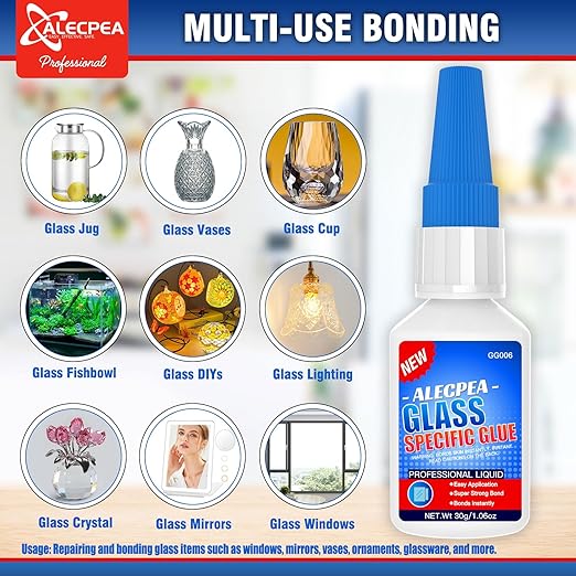 ALECPEA 2Pack 30g Glass Glue - Fast-Curing & Weatherproof Adhesive for Glass Repair, Jewelry, Art, Crystal, Mirror and More - Quick Set in 15 Seconds