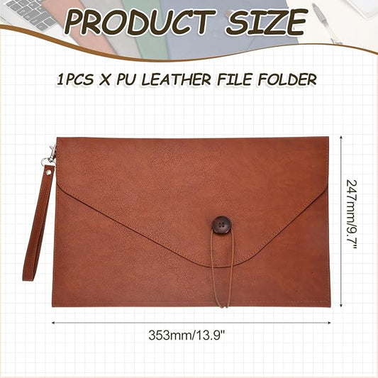 PATIKIL Leather Folder, 14x10 Leather Document Holder File Folder PU Pouch Bag Portfolio File Organizer Handbag Button Personal Envelope Waterproof for Traveling Men Gift, Brown