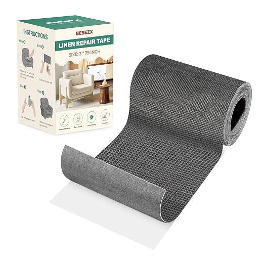 BESEZX Linen Fabric Repair Tape, 3x79 Inch Self Adhesive Repair Patches, Couch Fabric Tape for Furniture, Sofa, Chair, Upholstery.(Dark Grey)