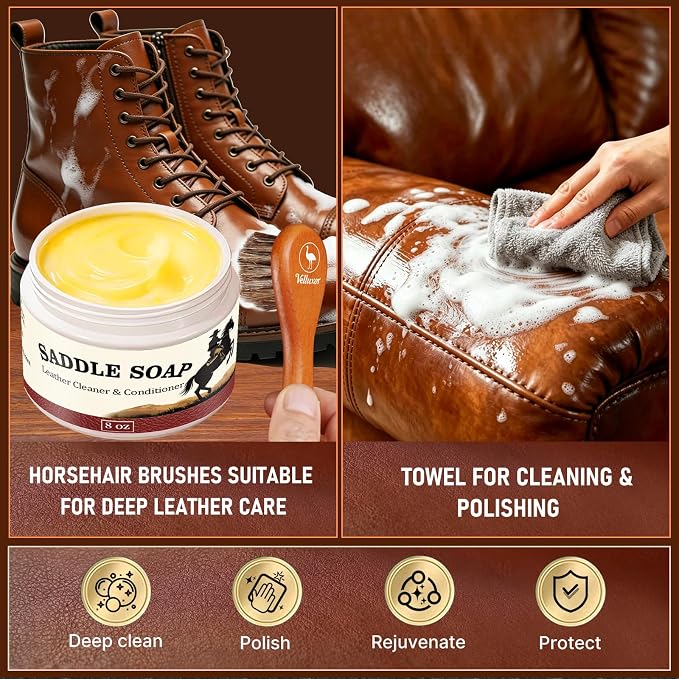 Yellow Saddle Soap 8oz, Natural Leather Cleaner and Conditioner, Soften, Protect and Restore Leather, Leather Cleaner for Boots, Shoes, Purses, Handbags, Car Seats, Couches and Saddles