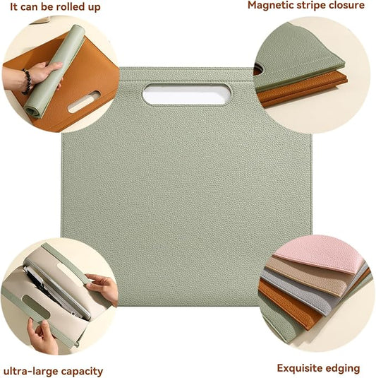 Premium PU Leather Waterproof File Folder, Easy to Clean Document Organizer, Multi-Color Options, 13.34x12.56in, Ideal for Students & Professionals (Green)