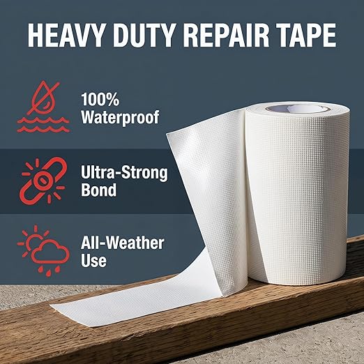 White Repair Tape - 4" x 96 Feet Tent Repair Tape RV Awning Strong Adhesive Waterproof Tarp Repair kit for Indoor/Outdoor Use, RV, Boat Etc.