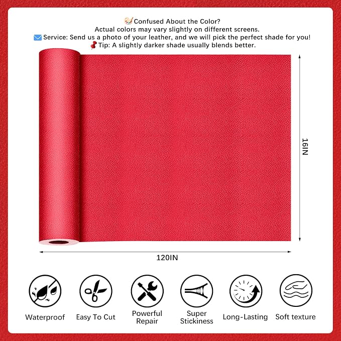 Red Leather Repair Tape, 16x120 Inch Leather Repair Patch Self-Adhesive, Waterproof Faux Leather Patch, Vinyl Repair Tape for Couch, Sofas, Furniture, Office Chair, Car Seats