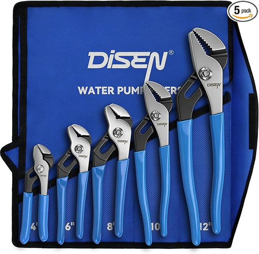 DISEN Channel Locks Pliers 5-Piece, Slip Joint Pliers Set with Dipped Handles, Adjustable Water Pump Pliers 4‘’ 6‘’ 8‘’ 10‘’ 12‘’, Tongue and Groove for Home Repair, Gripping, Nuts, Bolts, Pipe