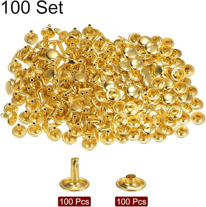 HARFINGTON 100 Sets Leather Rivets 10 x 10mm Metal Double Cap Rivet Snaps Studs Fasteners with 3pcs Setting Tools Rivets for Leather Craft DIY Repair Decoration, Gold Tone