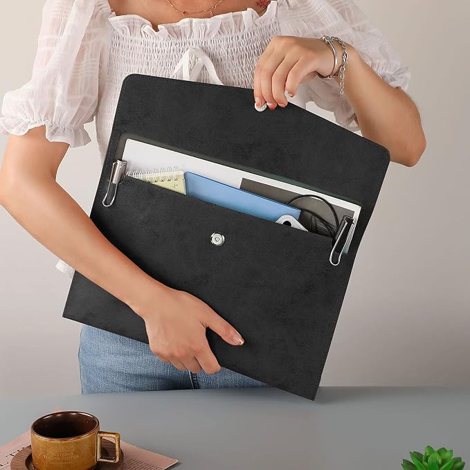 PU Leather A4 File Folder Document Holder Stylish Portfolio Envelope Folder Case with Snap Closure for Receipt Contract Black