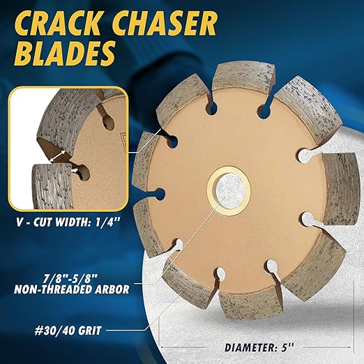 5" Crack Chaser Blade for Cured Concrete, Asphalt Repair or Joint Widen, 0.25" Width, 7/8"-5/8" Non-Threaded Arbor