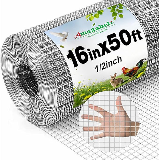 Amagabeli Ture 19 Gauge Hardware Cloth 1/2 inch 16inx50ft Double-Layer Galvanized After Weld Chicken Wire Mesh Roll Fencing Plant Supports Poultry Netting Rabbit Cage Snake Gopher Fence Coop