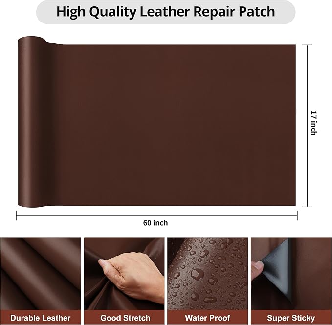 Leather Repair Patch Tape, 17x60 inch Large Self Adhesive Leather Repair,Vinyl Repair Patch Kit for Couches, Car Seats, Chairs, Furniture 17X60 inch, Brown