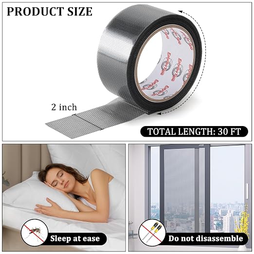 2″ X 30 FT Black Window Screen Repair Tape, Strong Adhesive Fiberglass Mesh Patch for Window & Door Screen Tears