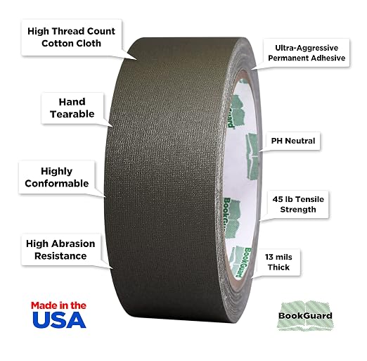 BookGuard 1-1/2 Inch Vinyl-Coated Cotton Cloth Bookbinding Repair Tape, 15 Yard Roll, Olive Green
